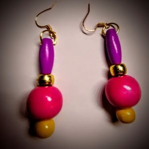 Purple and red wood bead earrings